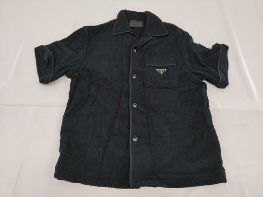 PRADA Men's Triangle Logo Terry Cloth Terry Shirt with Triangle Logo Plate, Black, NFC Tag, QR Code Tag, Size Small