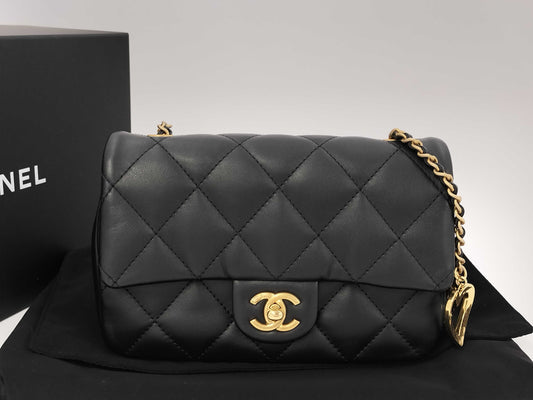 CHANEL Lambskin Heart Matelasse Chain Shoulder Bag with Serial Plate, Black