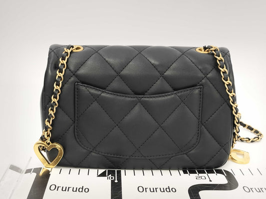 CHANEL Lambskin Heart Matelasse Chain Shoulder Bag with Serial Plate, Black
