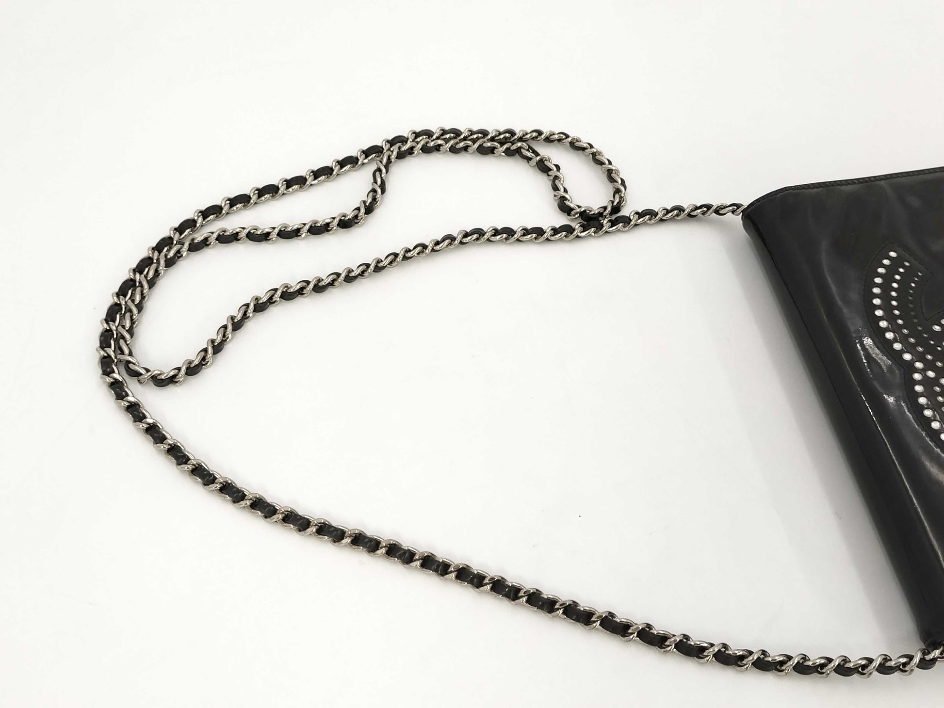 CHANEL Patent Leather Coco Mark Chain Wallet Black Shoulder Bag