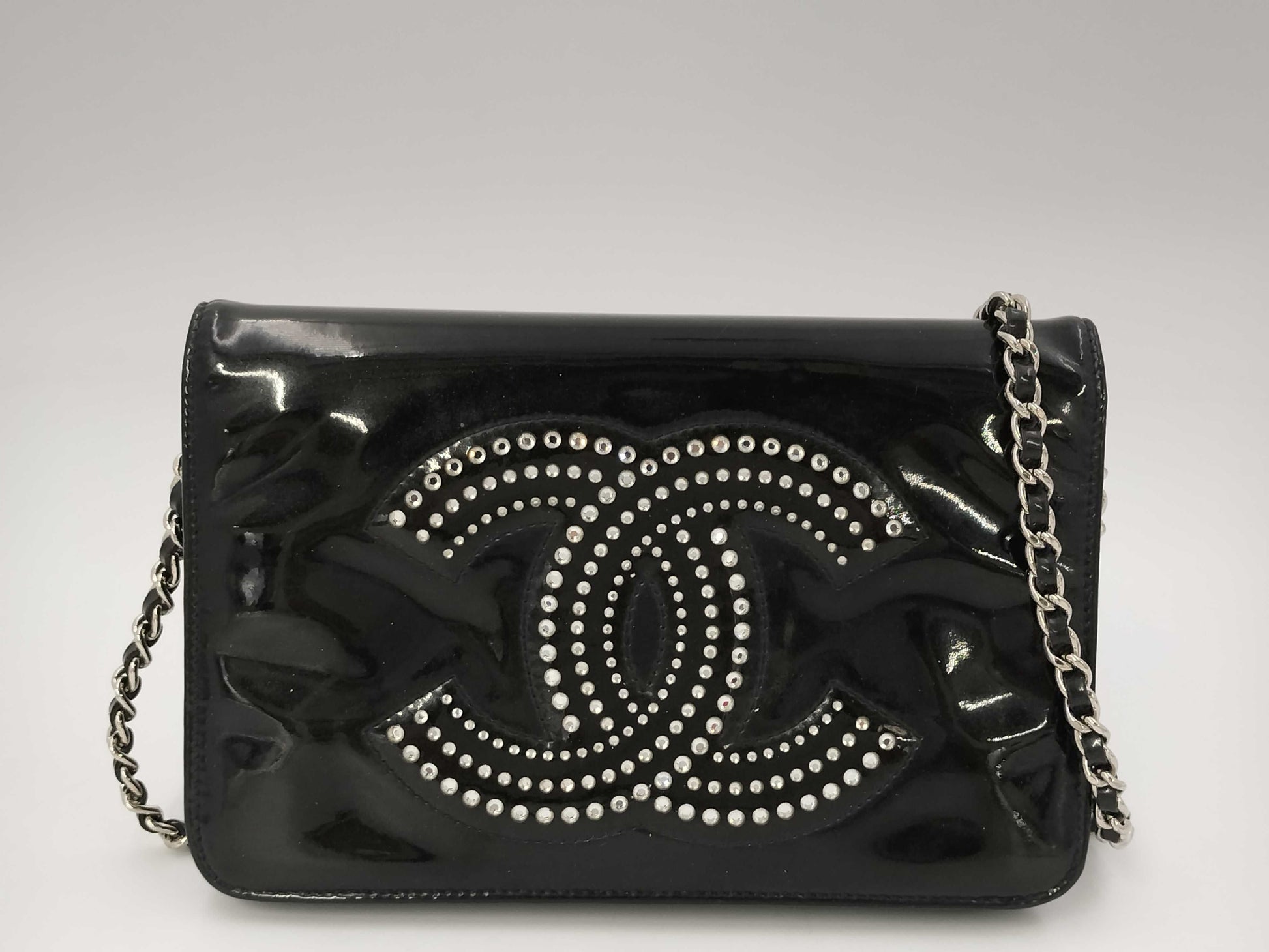 CHANEL Patent Leather Coco Mark Chain Wallet Black Shoulder Bag