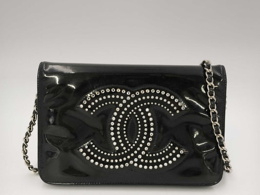 CHANEL Patent Leather Coco Mark Chain Wallet Black Shoulder Bag