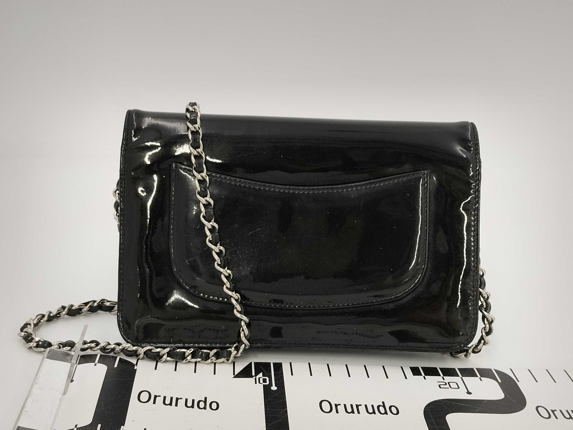 CHANEL Patent Leather Coco Mark Chain Wallet Black Shoulder Bag