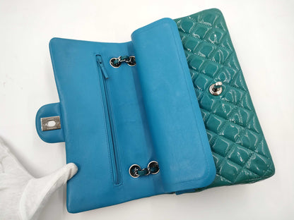 CHANEL Matelasse 25 Patent Leather Double Flap Double Chain Bag, Blue, Silver Hardware, 19485210, 19th Series, A01112
