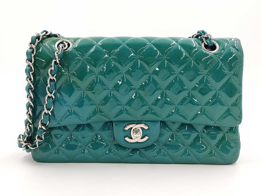 CHANEL Matelasse 25 Patent Leather Double Flap Double Chain Bag, Blue, Silver Hardware, 19485210, 19th Series, A01112