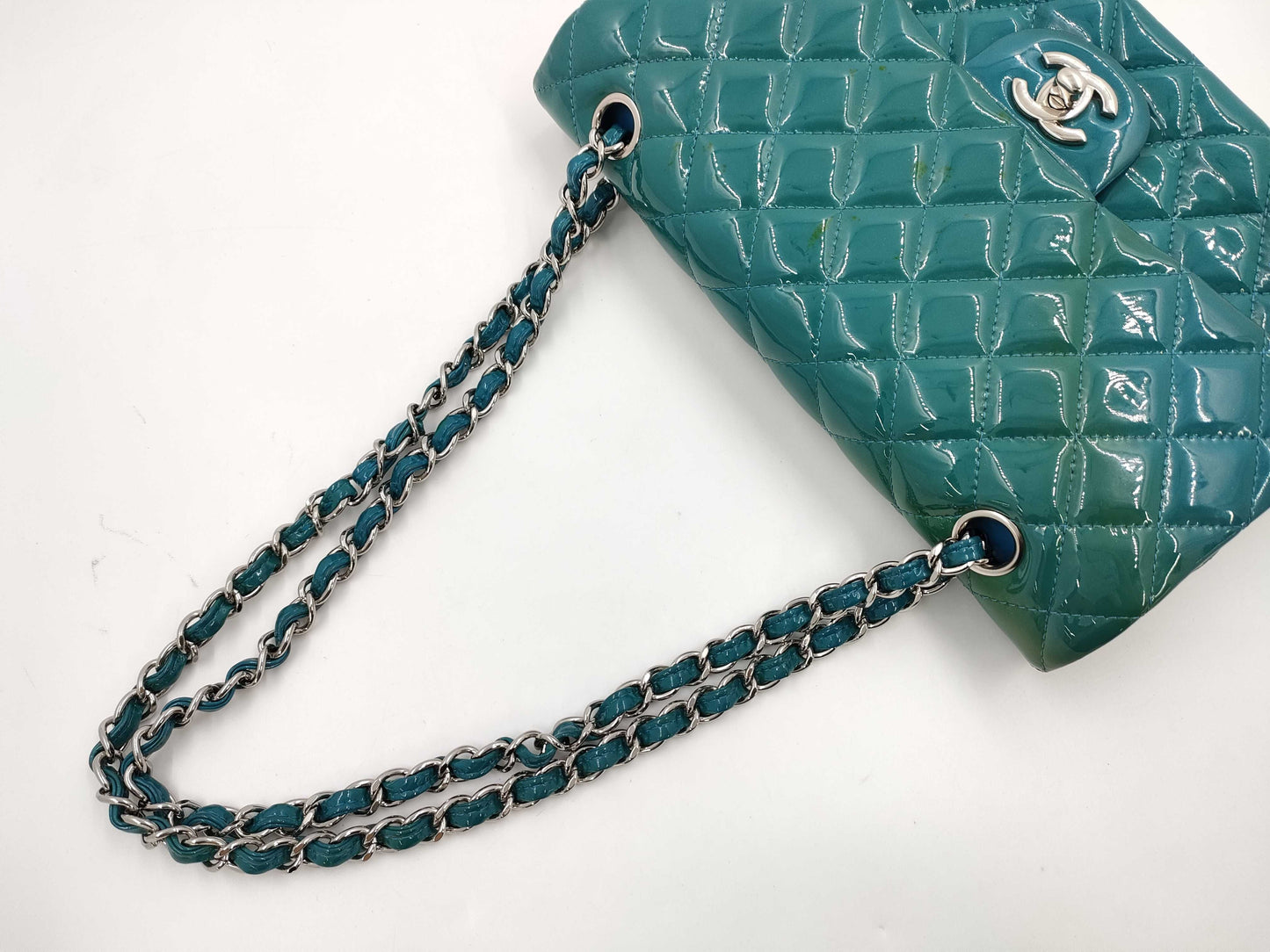 CHANEL Matelasse 25 Patent Leather Double Flap Double Chain Bag, Blue, Silver Hardware, 19485210, 19th Series, A01112