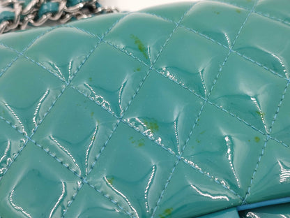 CHANEL Matelasse 25 Patent Leather Double Flap Double Chain Bag, Blue, Silver Hardware, 19485210, 19th Series, A01112