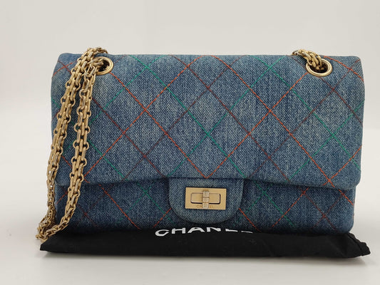 CHANEL 2.55 Double Flap Chain Shoulder Bag, Denim Blue, 24 Series