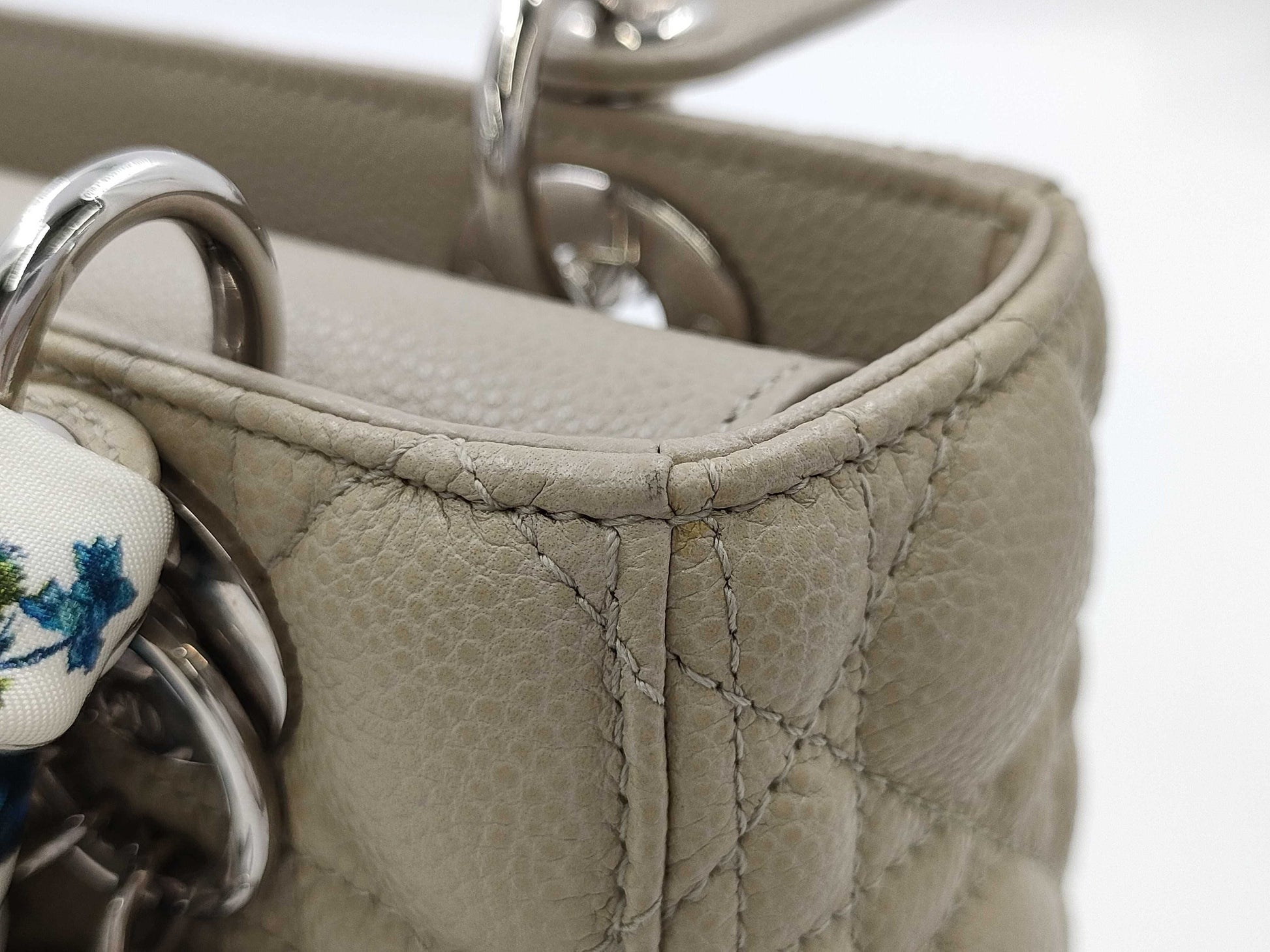 Dior Lady Dior Medium Handbag, Light Gray, with Silver Hardware and Scarf Mitzah, M0565PWRT15-MA-0242