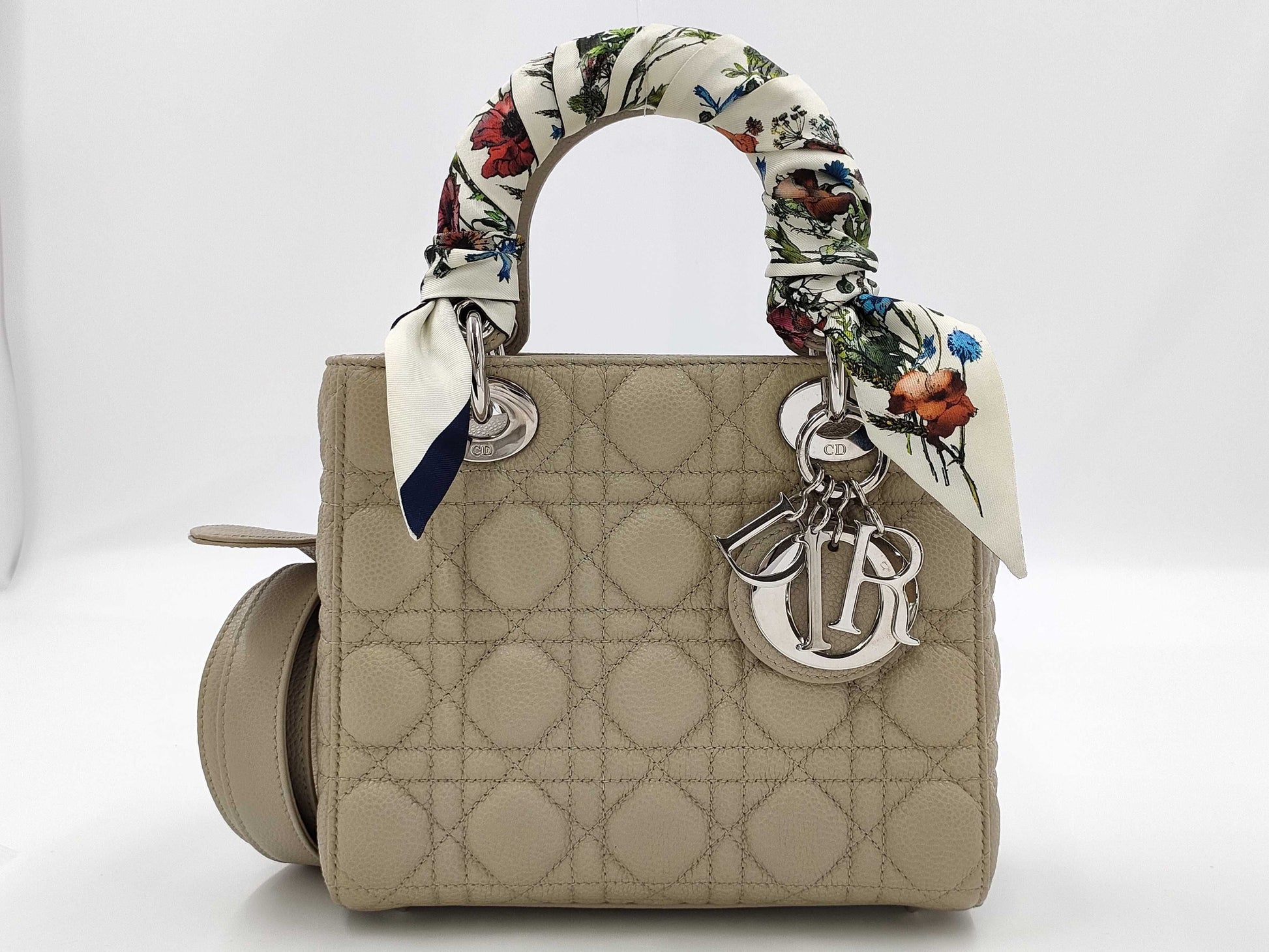 Dior Lady Dior Medium Handbag, Light Gray, with Silver Hardware and Scarf Mitzah, M0565PWRT15-MA-0242