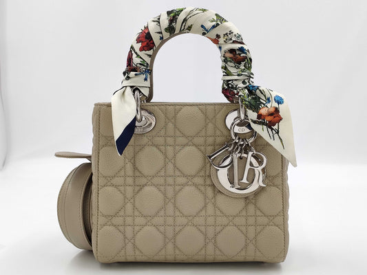Dior Lady Dior Medium Handbag, Light Gray, with Silver Hardware and Scarf Mitzah, M0565PWRT15-MA-0242