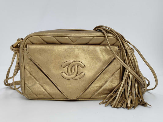 CHANEL Lamb V-Stitch Fringed Shoulder Bag with Seal