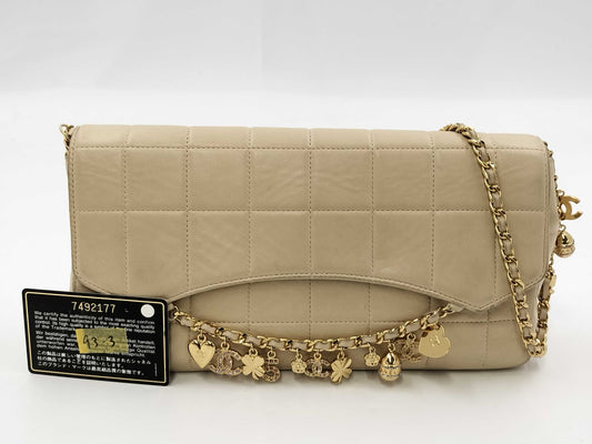 CHANEL Chocolate Bar Icon Charm Rum Chain Shoulder Bag with Sticker Card