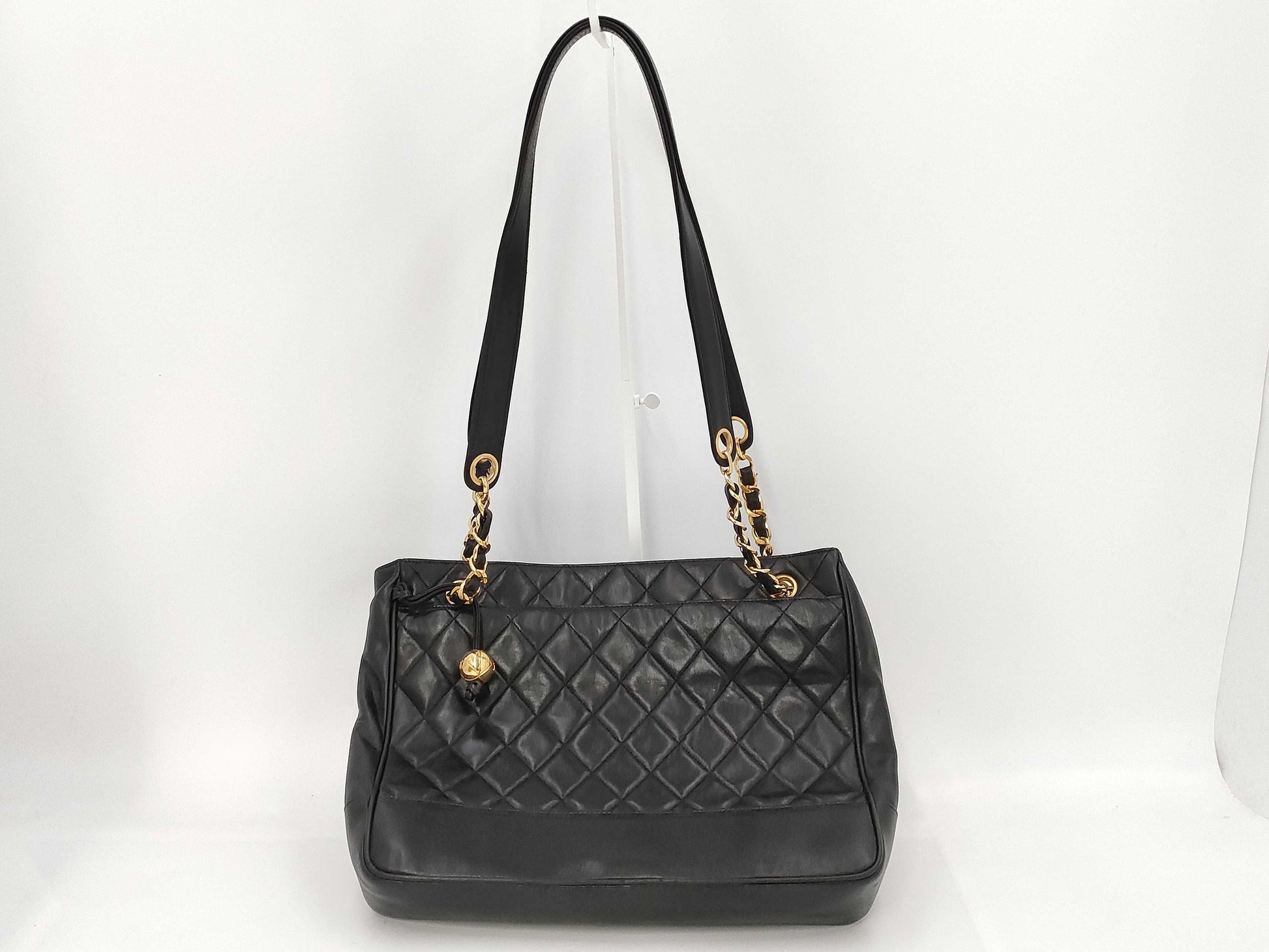 CHANEL Lambskin Matelasse Shoulder Bag with Ball Charm and Chain, Black, G Hardware