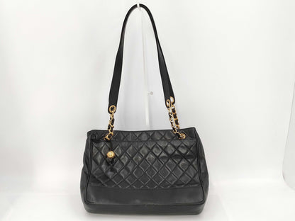 CHANEL Lambskin Matelasse Shoulder Bag with Ball Charm and Chain, Black, G Hardware