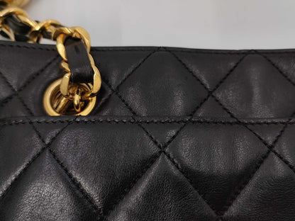 CHANEL Lambskin Matelasse Shoulder Bag with Ball Charm and Chain, Black, G Hardware