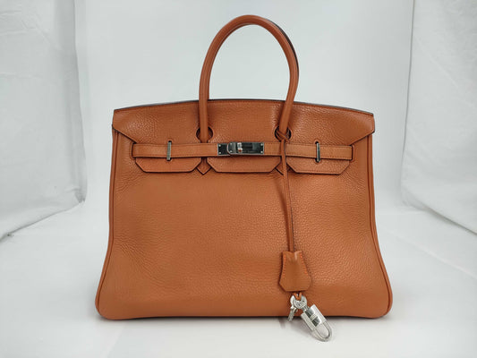 HERMES Birkin 35 Handbag, Orange Togo Leather, Silver Hardware, K Stamp
