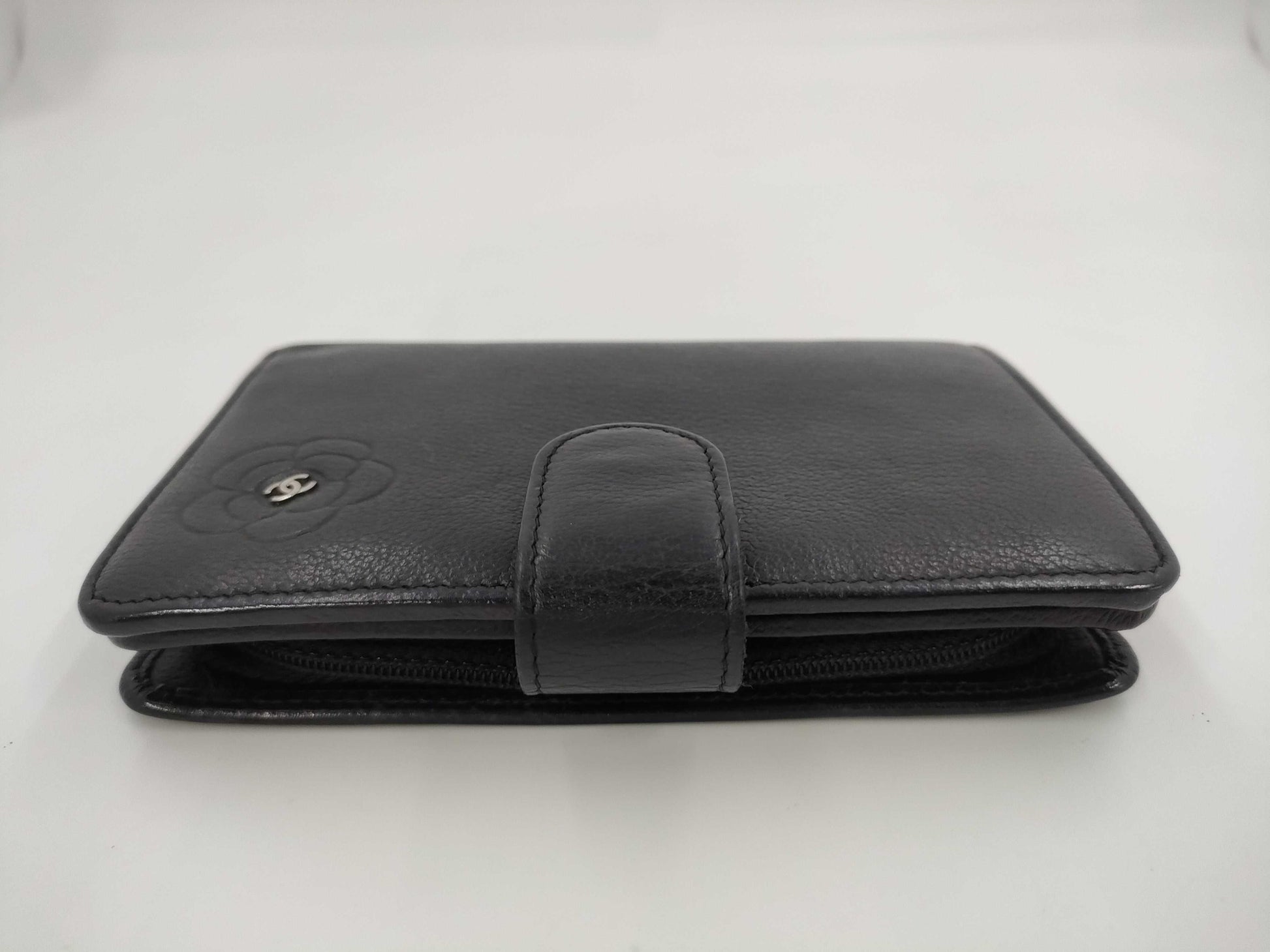 CHANEL Butterfly Camellia Bifold Wallet, Leather, Silver Hardware, Black, 15883725
