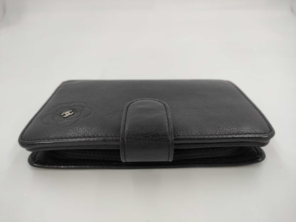 CHANEL Butterfly Camellia Bifold Wallet, Leather, Silver Hardware, Black, 15883725
