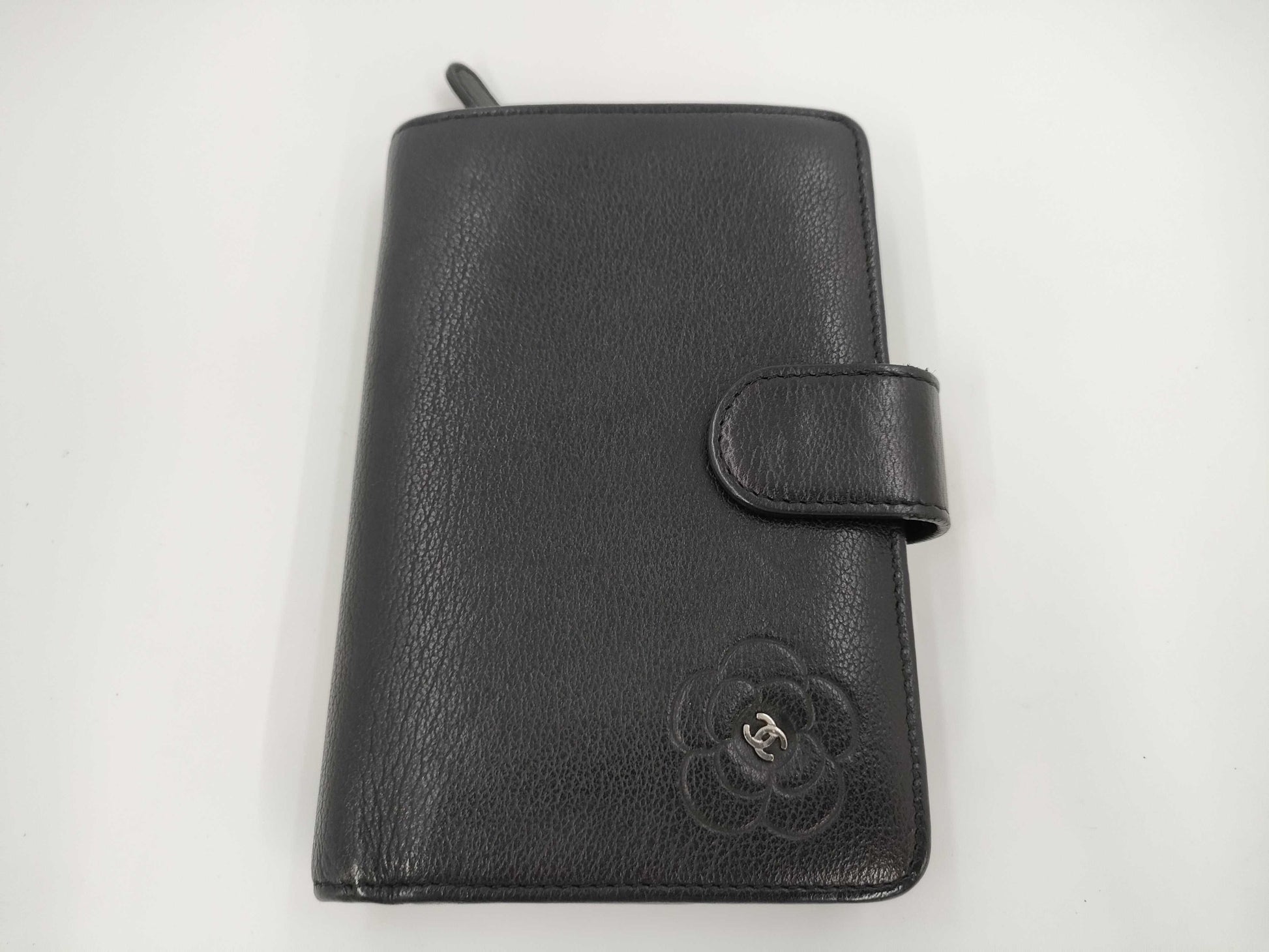 CHANEL Butterfly Camellia Bifold Wallet, Leather, Silver Hardware, Black, 15883725