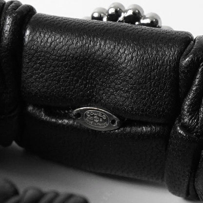 CHANEL Coco Mark Rhinestone Leather Scrunchie Hair Tie Black with Box Hair Accessory