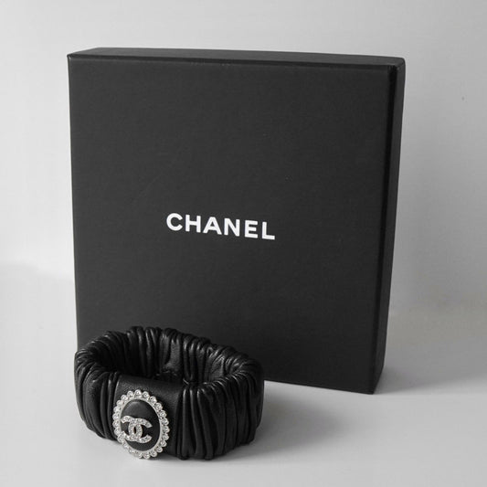 CHANEL Coco Mark Rhinestone Leather Scrunchie Hair Tie Black with Box Hair Accessory