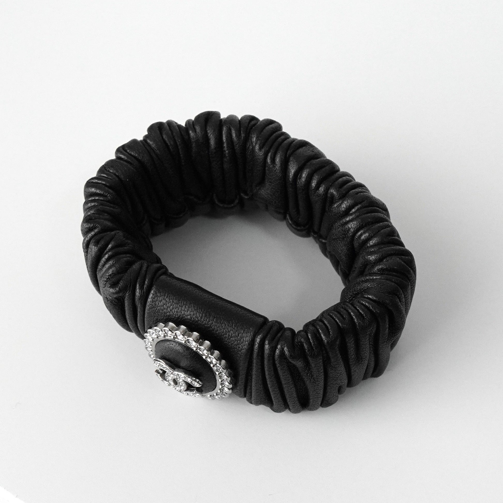 CHANEL Coco Mark Rhinestone Leather Scrunchie Hair Tie Black with Box Hair Accessory