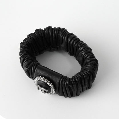 CHANEL Coco Mark Rhinestone Leather Scrunchie Hair Tie Black with Box Hair Accessory