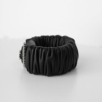 CHANEL Coco Mark Rhinestone Leather Scrunchie Hair Tie Black with Box Hair Accessory