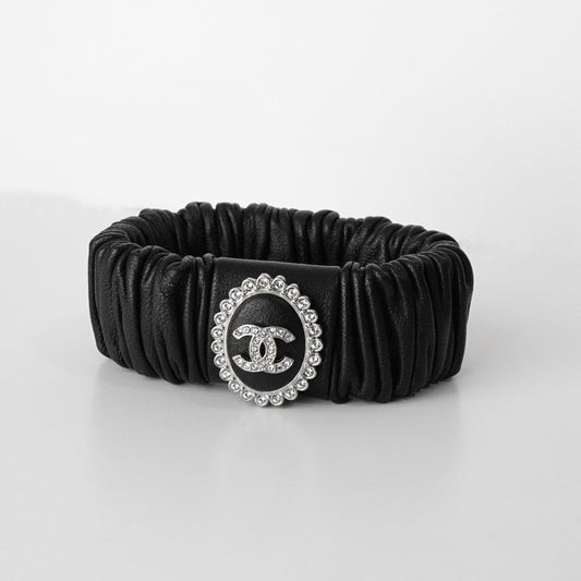 CHANEL Coco Mark Rhinestone Leather Scrunchie Hair Tie Black with Box Hair Accessory