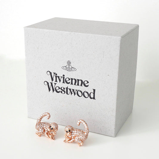 Vivienne Westwood Orb Monkey Rhinestone Earrings in Pink Gold with Box
