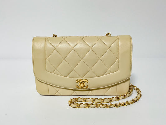 CHANEL Diana Beige Lambskin Matelasse Shoulder Bag with Seal