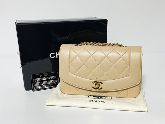 CHANEL Diana Beige Lambskin Matelasse Shoulder Bag with Sticker and Card