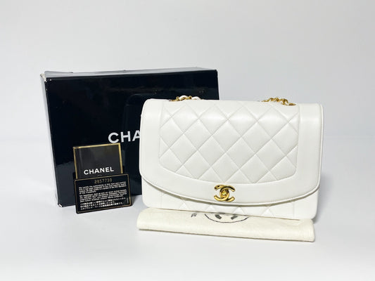 CHANEL Diana Lambskin Matelasse White Shoulder Bag with Seal