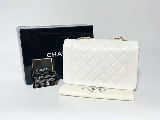 CHANEL Diana Lambskin Matelasse White Shoulder Bag with Seal