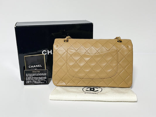 CHANEL Double Flap Matelasse Beige Lambskin Shoulder Bag with Seal