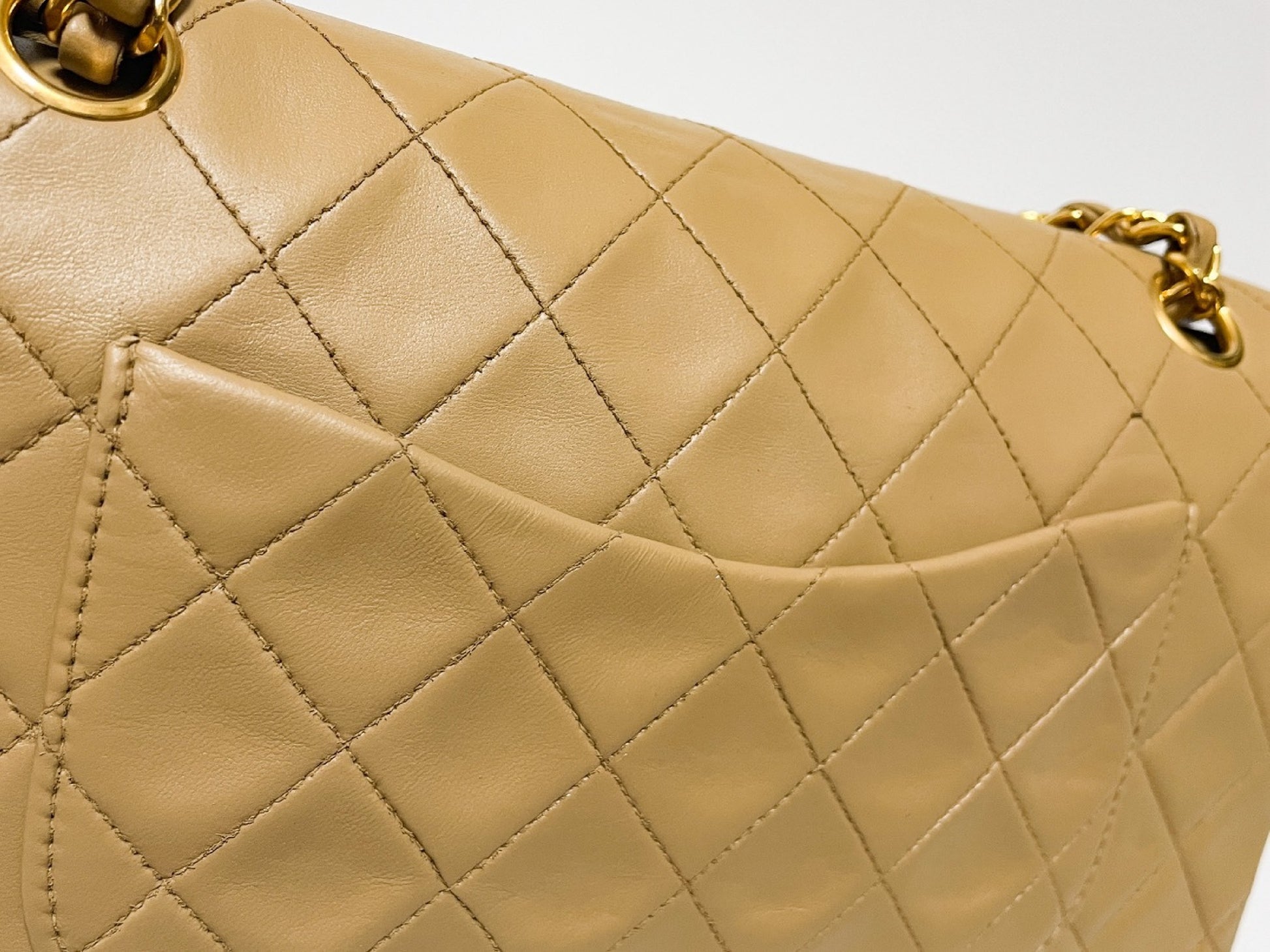CHANEL Double Flap Matelasse Beige Lambskin Shoulder Bag with Seal