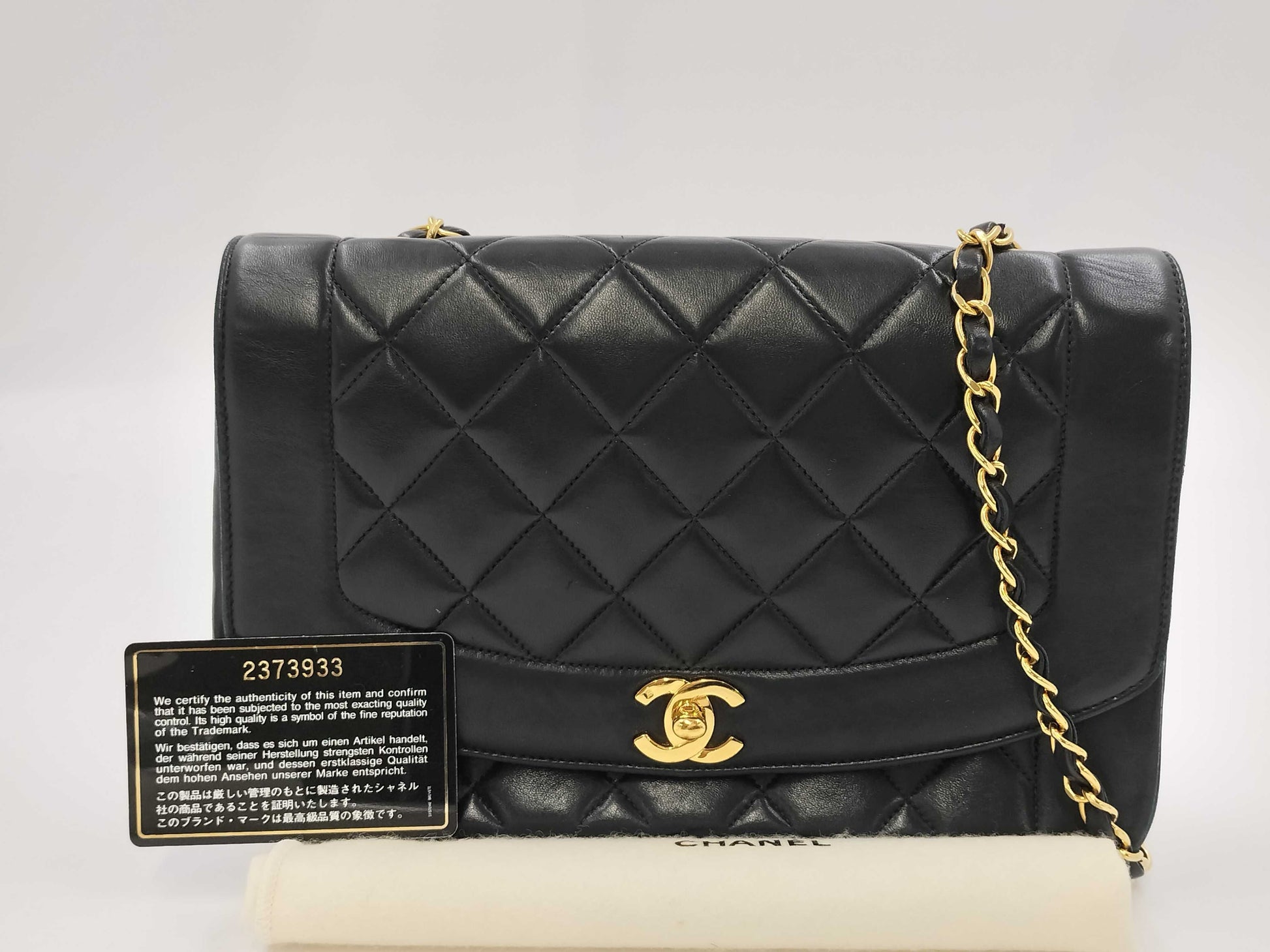 CHANEL Diana Matelasse Chain Shoulder Bag in Black with Turnlock closure