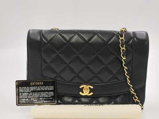CHANEL Diana Matelasse Chain Shoulder Bag in Black with Turnlock closure