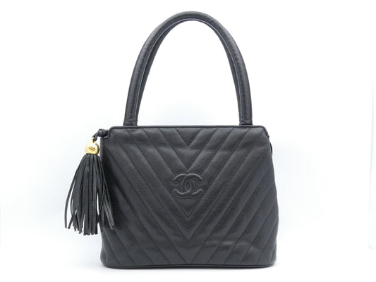 CHANEL V-Stitch Coco Mark Caviar Leather Fringe Tote Bag