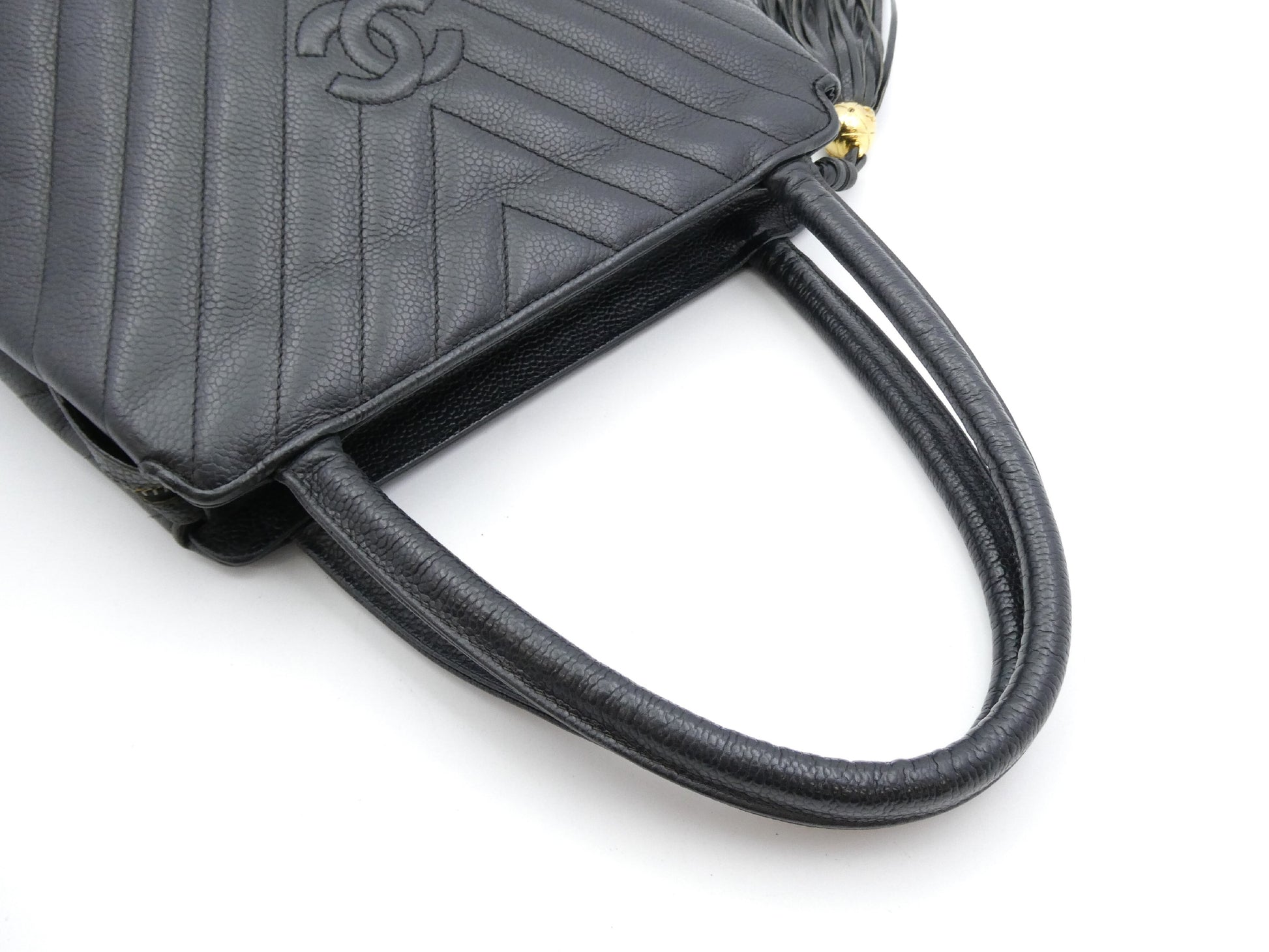 CHANEL V-Stitch Coco Mark Caviar Leather Fringe Tote Bag