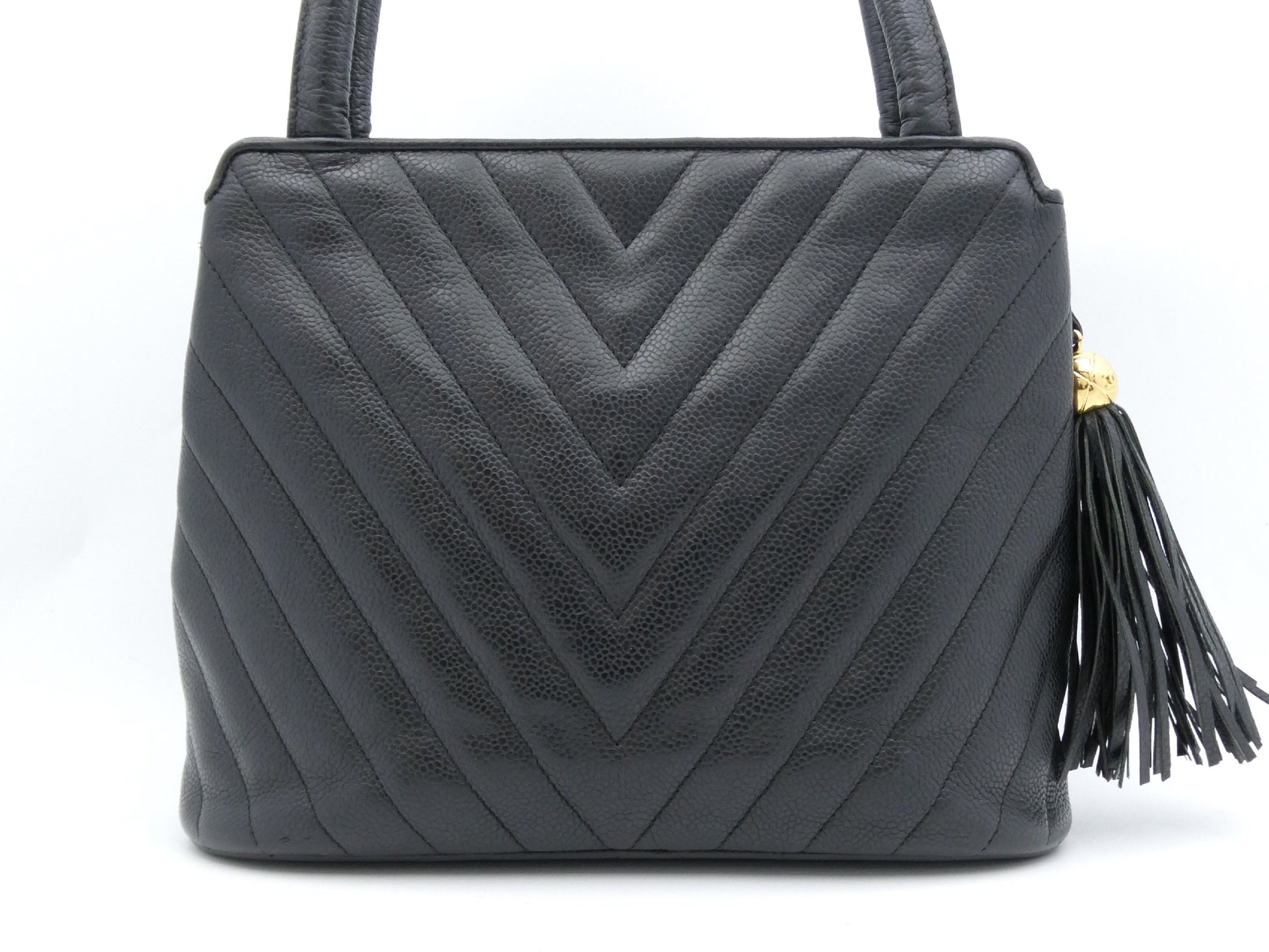 CHANEL V-Stitch Coco Mark Caviar Leather Fringe Tote Bag