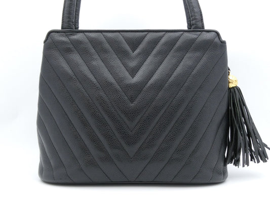 CHANEL V-Stitch Coco Mark Caviar Leather Fringe Tote Bag