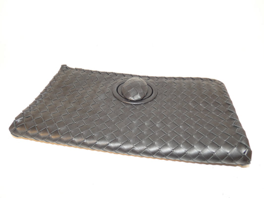BOTTEGA VENETA Turnlock Intrecciato Black Leather Clutch Bag