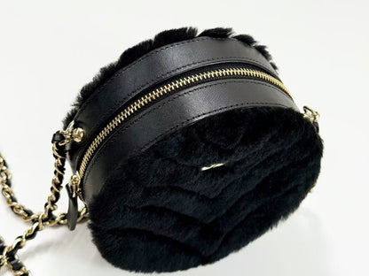 CHANEL Black Fur and Leather Round Pouch, 12cm Wide, Approximately 28 Series [Includes Dust Bag and Sticker], Gold Hardware, Shoulder Bag, 28970939