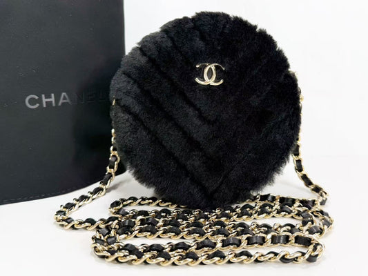 CHANEL Black Fur and Leather Round Pouch, 12cm Wide, Approximately 28 Series [Includes Dust Bag and Sticker], Gold Hardware, Shoulder Bag, 28970939