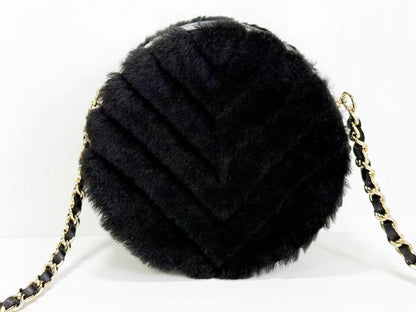 CHANEL Black Fur and Leather Round Pouch, 12cm Wide, Approximately 28 Series [Includes Dust Bag and Sticker], Gold Hardware, Shoulder Bag, 28970939