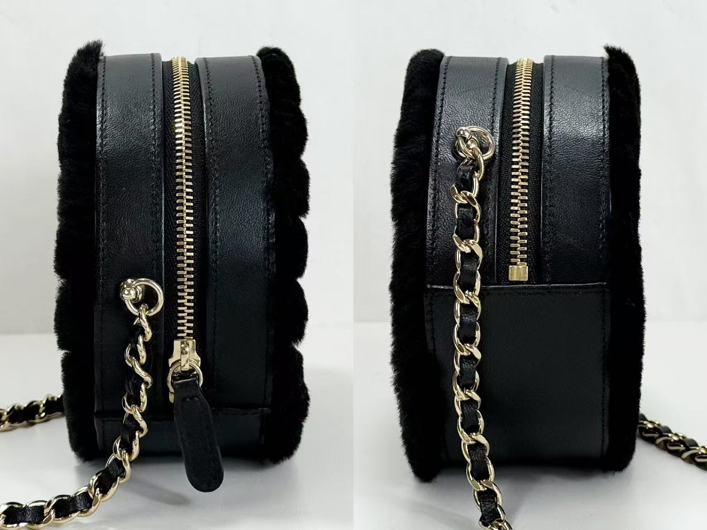 CHANEL Black Fur and Leather Round Pouch, 12cm Wide, Approximately 28 Series [Includes Dust Bag and Sticker], Gold Hardware, Shoulder Bag, 28970939