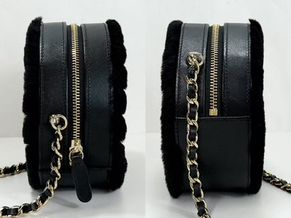 CHANEL Black Fur and Leather Round Pouch, 12cm Wide, Approximately 28 Series [Includes Dust Bag and Sticker], Gold Hardware, Shoulder Bag, 28970939