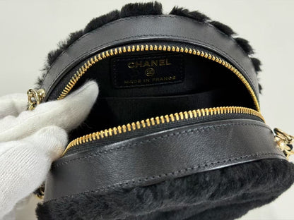 CHANEL Black Fur and Leather Round Pouch, 12cm Wide, Approximately 28 Series [Includes Dust Bag and Sticker], Gold Hardware, Shoulder Bag, 28970939